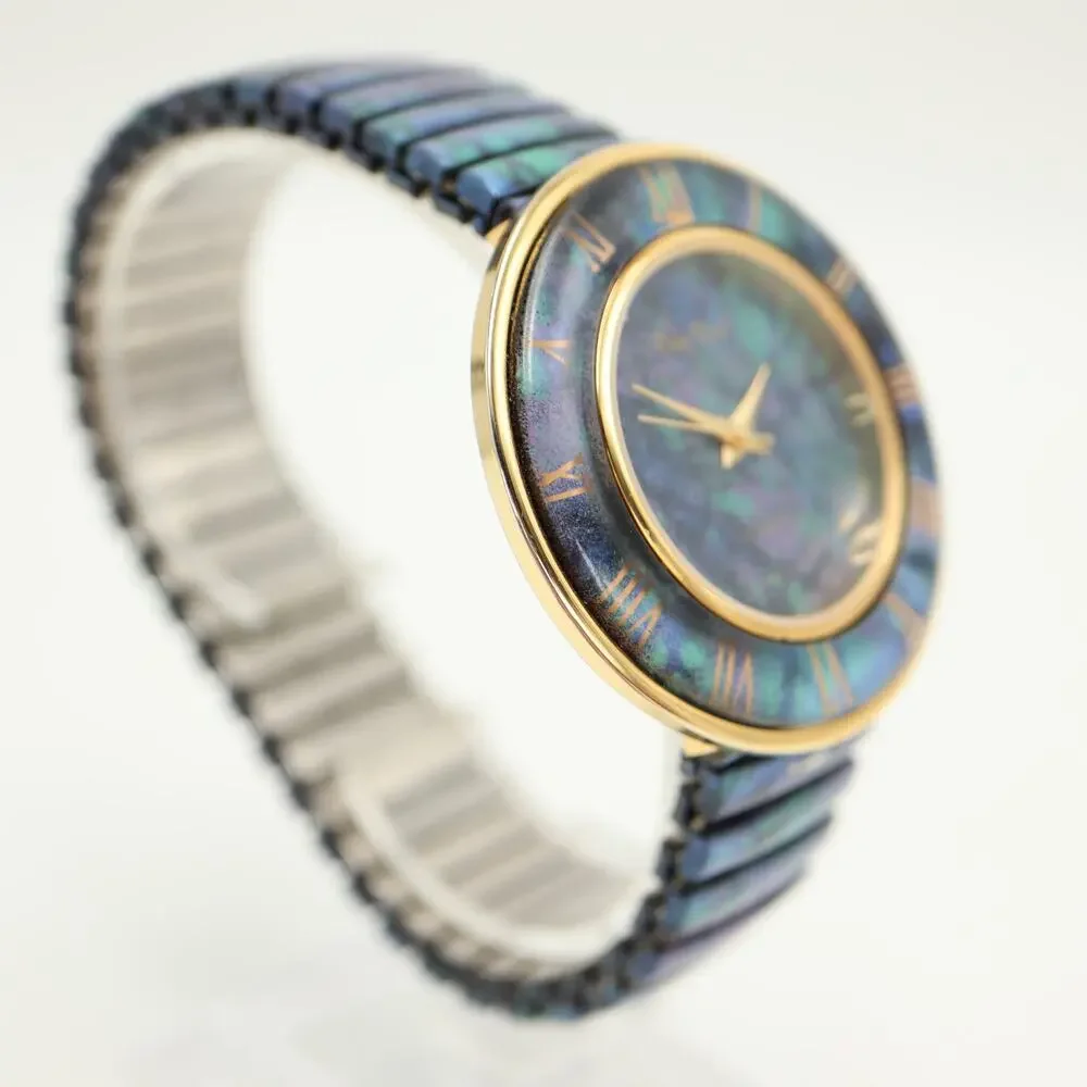 Vintage Pierre Nicol Blue Gold Tone Round 42mm Watch Stretch Band w New Battery